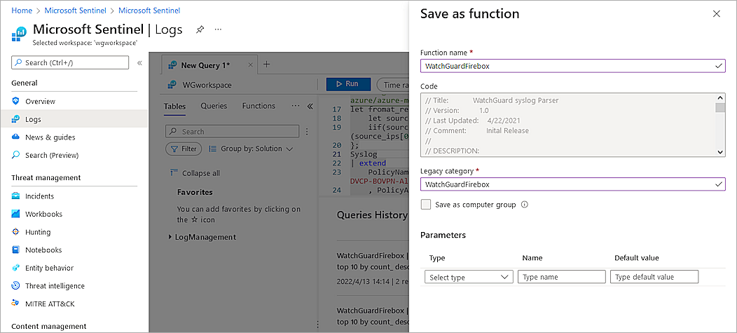 Screenshot of the Logs query window save function